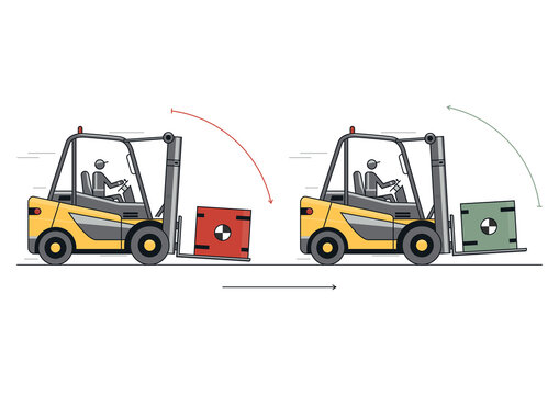 Traveling with raised forks and mast tilted back. Flat line vector design of forklift with operator and load.