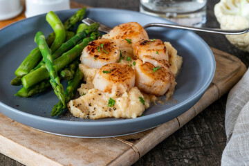 Pan-fried scallops with cauliflower and bean puree and asparagus