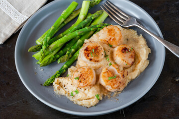 Pan-fried scallops with cauliflower and bean puree and asparagus
