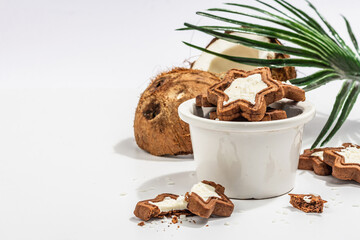 Gluten-free and lactose-free coconut cookies. Homemade healthy pastries, green tea, sunny morning