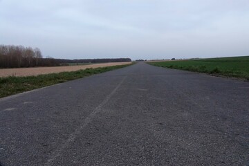 Tarmac bike and hike path in Alsatian landscape at dusk (horizontal), Wissembourg, Grand Est, France