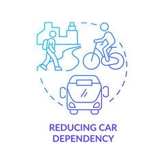 Reducing car dependency blue gradient concept icon. Sustainability in urban planning abstract idea thin line illustration. Car-sharing. Isolated outline drawing. Myriad Pro-Bold font used