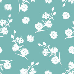 Vector seamless floral pattern with white cornflowers on a turquoise background