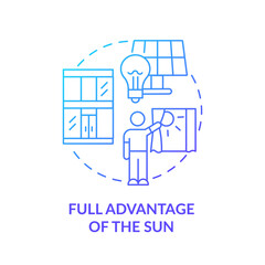 Full advantage of sun blue gradient concept icon. Sustainable architecture principle abstract idea thin line illustration. Solar panel. Isolated outline drawing. Myriad Pro-Bold font used