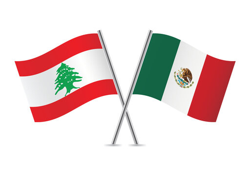 Lebanon and Mexico crossed flags. Lebanese and Mexican flags are on white background. Vector icon set. Vector illustration.