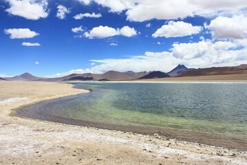 Landscape Or Mountains, salt, volcano And Lagoon At Atacama Desert In Chile
