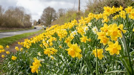 Beautiful springtime daffodils in the countryside.