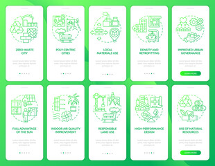 Sustainable urbanization green gradient onboarding mobile app screen set. Walkthrough 5 steps graphic instructions pages with linear concepts. UI, UX, GUI template. Myriad Pro-Bold, Regular fonts used