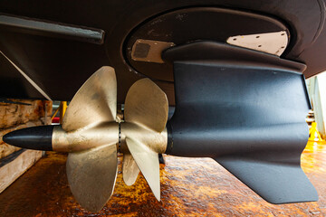 Azimuth twin-screw motor on a motor boat, bottom view. The bottom of a motor boat with azimuth...