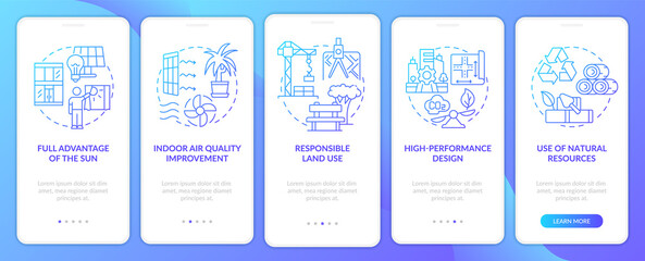 Green building strategies blue gradient onboarding mobile app screen. Walkthrough 5 steps graphic instructions pages with linear concepts. UI, UX, GUI template. Myriad Pro-Bold, Regular fonts used