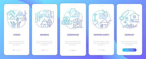 Sustainable building material blue gradient onboarding mobile app screen. Walkthrough 5 steps graphic instructions pages with linear concepts. UI, UX, GUI template. Myriad Pro-Bold, Regular fonts used