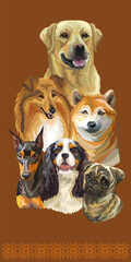 Vertical poster of different dogs breeds vector illustration brown
