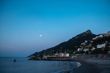 South of Italy, sea and mountains at dawn. Vietri. Beautiful early morning, summer. Journey through old Europe, picturesque landscapes. Amalfi Coast Tyrrhenian Sea