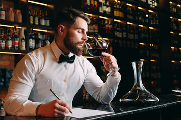 Young handsome man sommelier tasting red wine in cellar. - obrazy, fototapety, plakaty