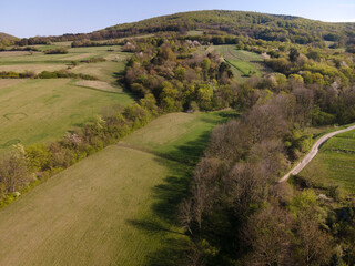 Fototapeta na wymiar Drone flight over green meadows, forests, landscape, nature in April in Austria