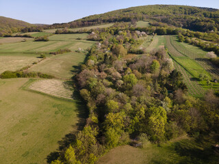 Drone flight over green meadows, forests, landscape, nature in April in Austria