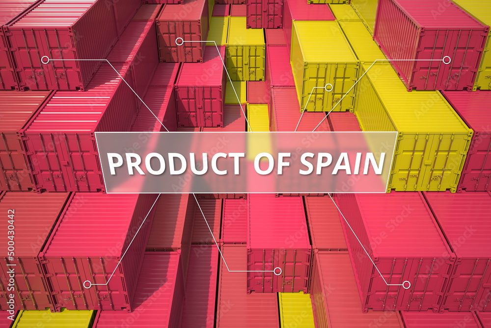 Poster many cargo containers with products of spain. export or import related 3d rendering