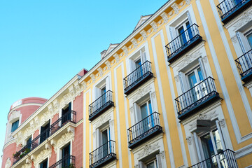 Picturesque vintage buildings downtown Madrid, Spain, Europe. Low angle view