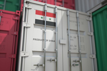 Many cargo container with products of Syria and printed national flag. Export or import related 3D rendering