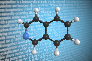 Isoquinoline scientific molecular model, 3D rendering