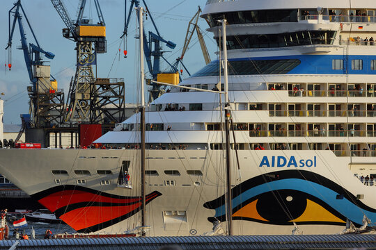 Hamburg, Germany - May 12, 2012: Arrival of the cruise ship 'Aida Sol' at the port of Hamburg.