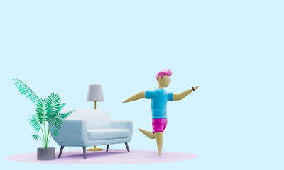 Obraz na płótnie Canvas 3d render. Ugly man doing yoga at home. Standing on one hand and pulling hands