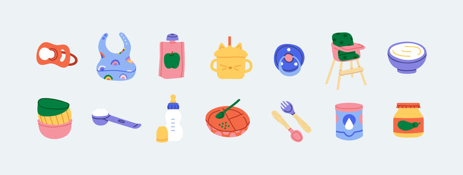 Preparing baby food. Chair, bib, nipple, silicone plate, bottle, measuring spoon, powdered milk, pur&eacute;e vector icons. Colored feeding stuff for infant. Kitchen equipment concept. All items are isolated