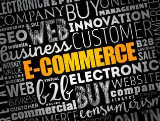 E-COMMERCE - activity of electronically buying or selling of products on online services or over the Internet, word cloud concept background