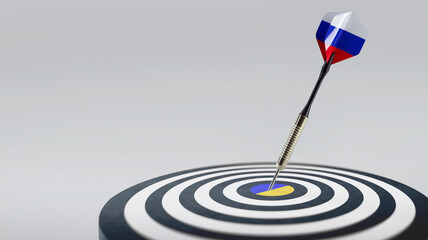 Dart with Russian flag symbolizing the conflict and control of Ukraine. Target with Ukrainian flag...