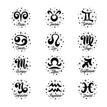 Zodiac hand drawn signs set. Astrology emblems collection. Hand drawn vector illustration.