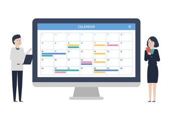 カレンダー共有アプリでスケジュール調整をする日本のビジネスチームのイラスト素材｜mayucolor03