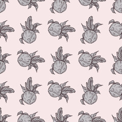 Fototapeta premium Seamless pattern engraved lemon on twig with leaves. Vintage background citrus fruit on branch in hand drawn style.
