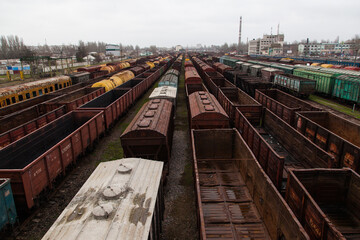 Freight and passenger trains at Kherson railway station in Ukraine.