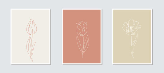 Set of 3 one single line drawing tulip flowers on an earthy background card template