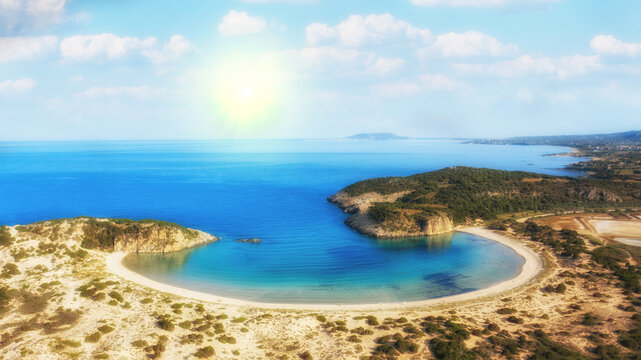 Panoramic aerial view of voidokilia beach, one of the best beaches in mediterranean Europe, beautiful lagoon of Voidokilia from a high point of view, Messinia, Greece