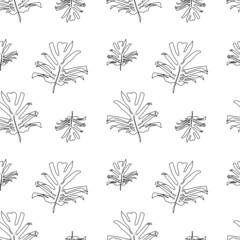 Seamless pattern with one single line drawings of monstera leaves. Black line on whte background.