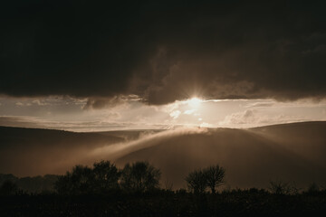 beautiful dark moody sunset over woodland with sun showing through the clouds