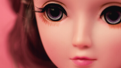 Beautiful doll. Close up. Portrait of attractive toy's face with big eyes.