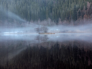 Nebel über dem Sankenbachsee im Schwarzwald, Baden-Württemberg