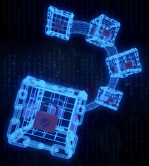 3D render Blockchain technology for security with digital code in abstract background