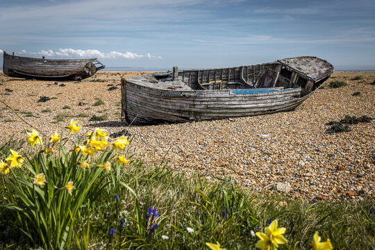 Abandoned wooden boat at Dungeness, Kent, England