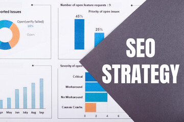 SEO STRATEGY written on dark gray background next to financial charts and diagrams.