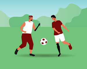 Football players with prosthetic arms and legs play football in park, flat vector stock illustration with people in nature