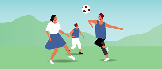 Parents and son play football in park, flat vector stock illustration with sports family