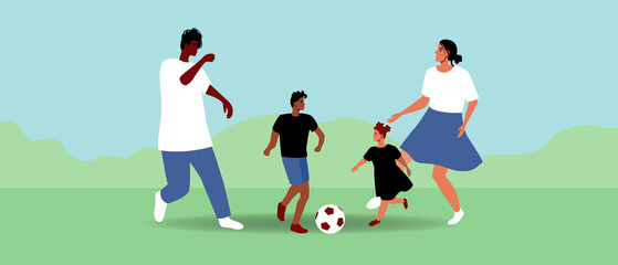 Obraz na płótnie Canvas Multicultural family plays football with son and daughter, flat vector stock illustration with sports family with children and African dad