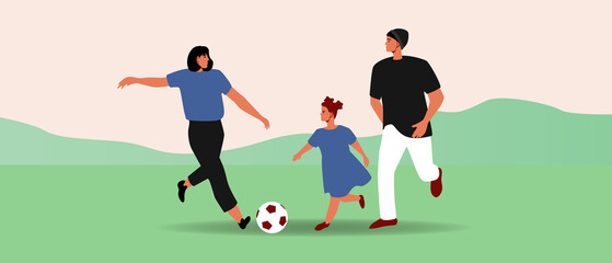 Adults play football with child, flat vector stock illustration with sports family, parents and girl