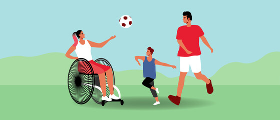 Inclusive family playing football with child in nature, flat vector stock illustration with sports family and parent in wheelchair