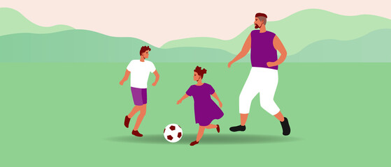 Parent playing soccer with kids, flat vector stock illustration with sports family with ball in nature