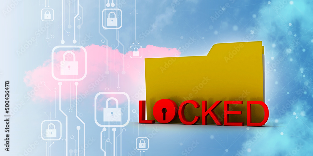 Poster yellow folder and lock. data security concept. 3d rendering