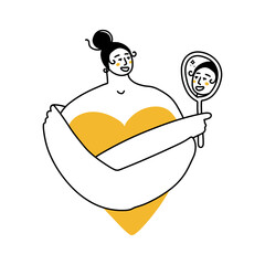 Plus size girl hand holding big hearrt and mirror feeling satisfied. Self Love, Confidence, Beauty, self-esteem, happy lifestyle concept metaphors. Hand drawn doodle character vector illustration